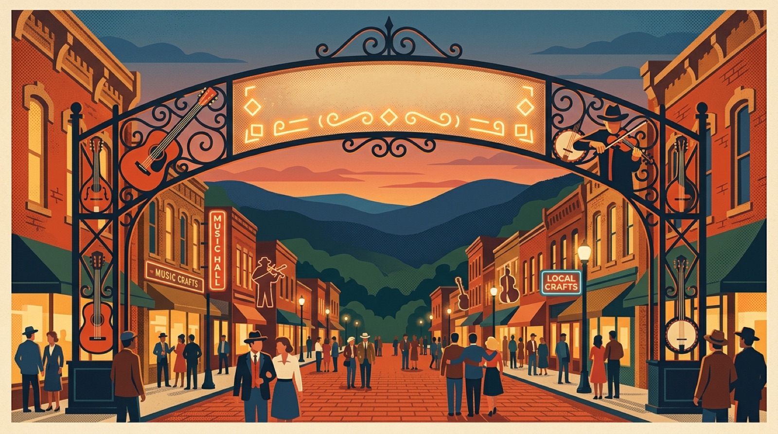 Illustrated Bristol — historic brick main street at dusk with an arched overhead sign and old-time music